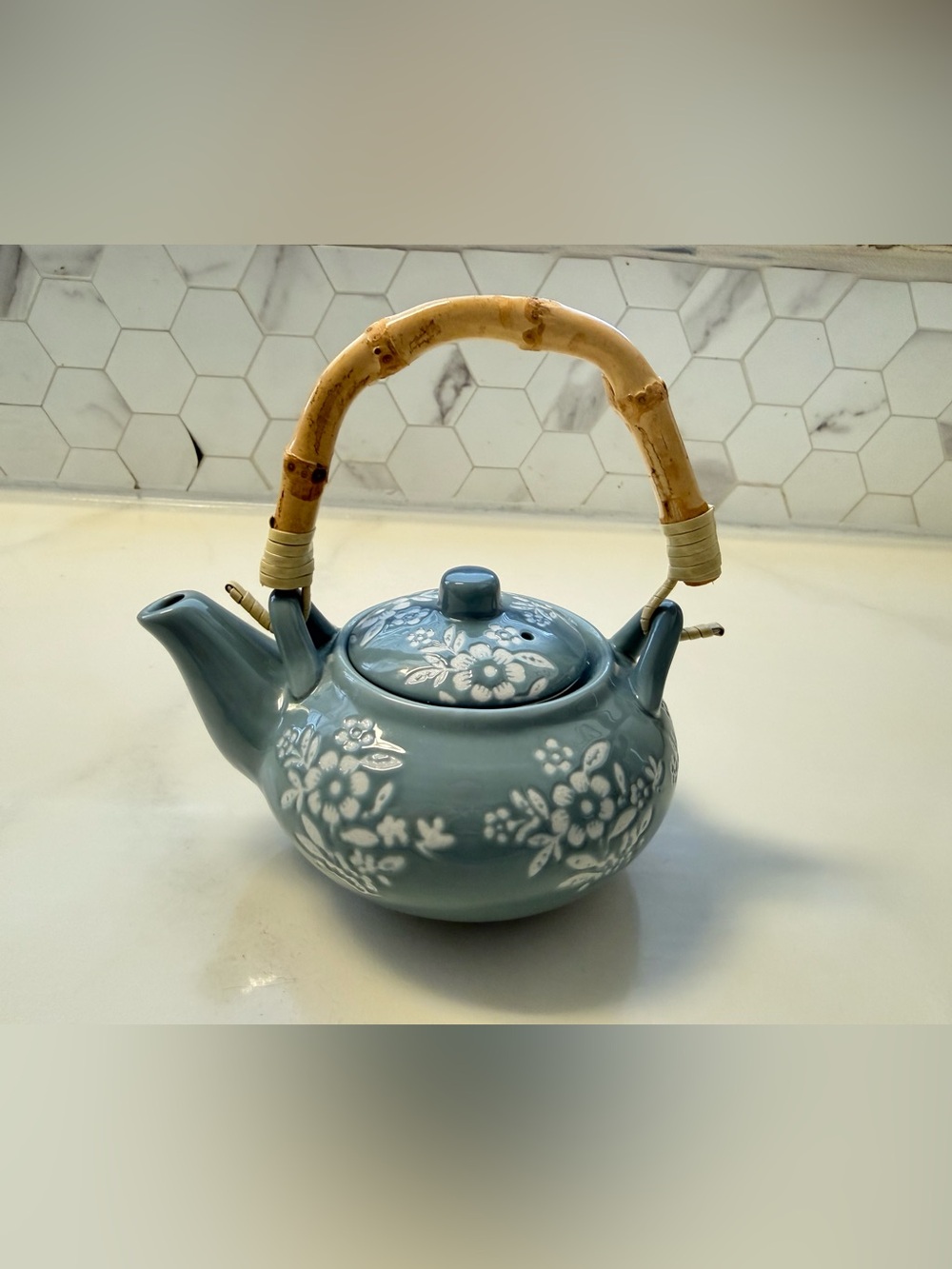 Vintage Blue Floral Ceramic Mini Teapot Bamboo Handle Tea Infuser New No Box
